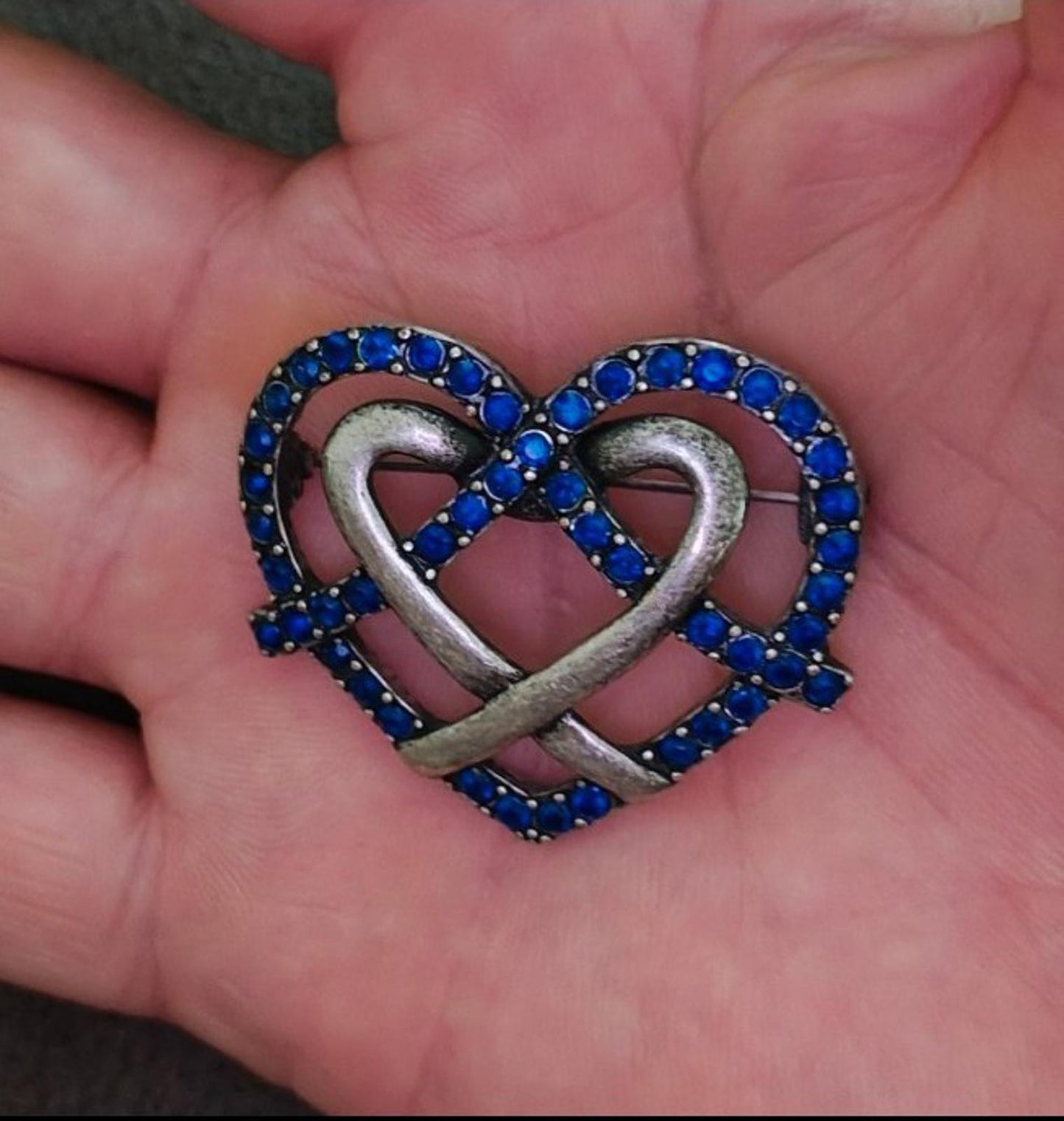 1980's Ornate Heart With Blue Rhinestones Pewter Brooch Pin