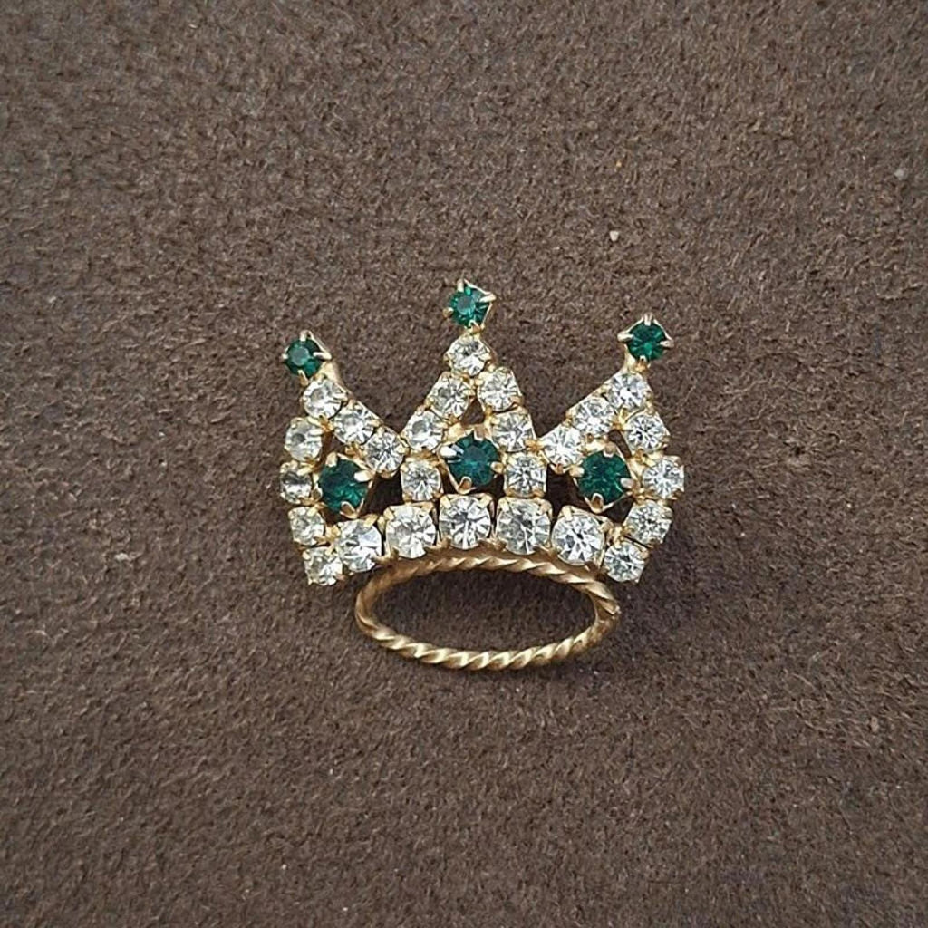 Crown tiara rhinestone brooch with green top stones and clear sparkle rhinestones