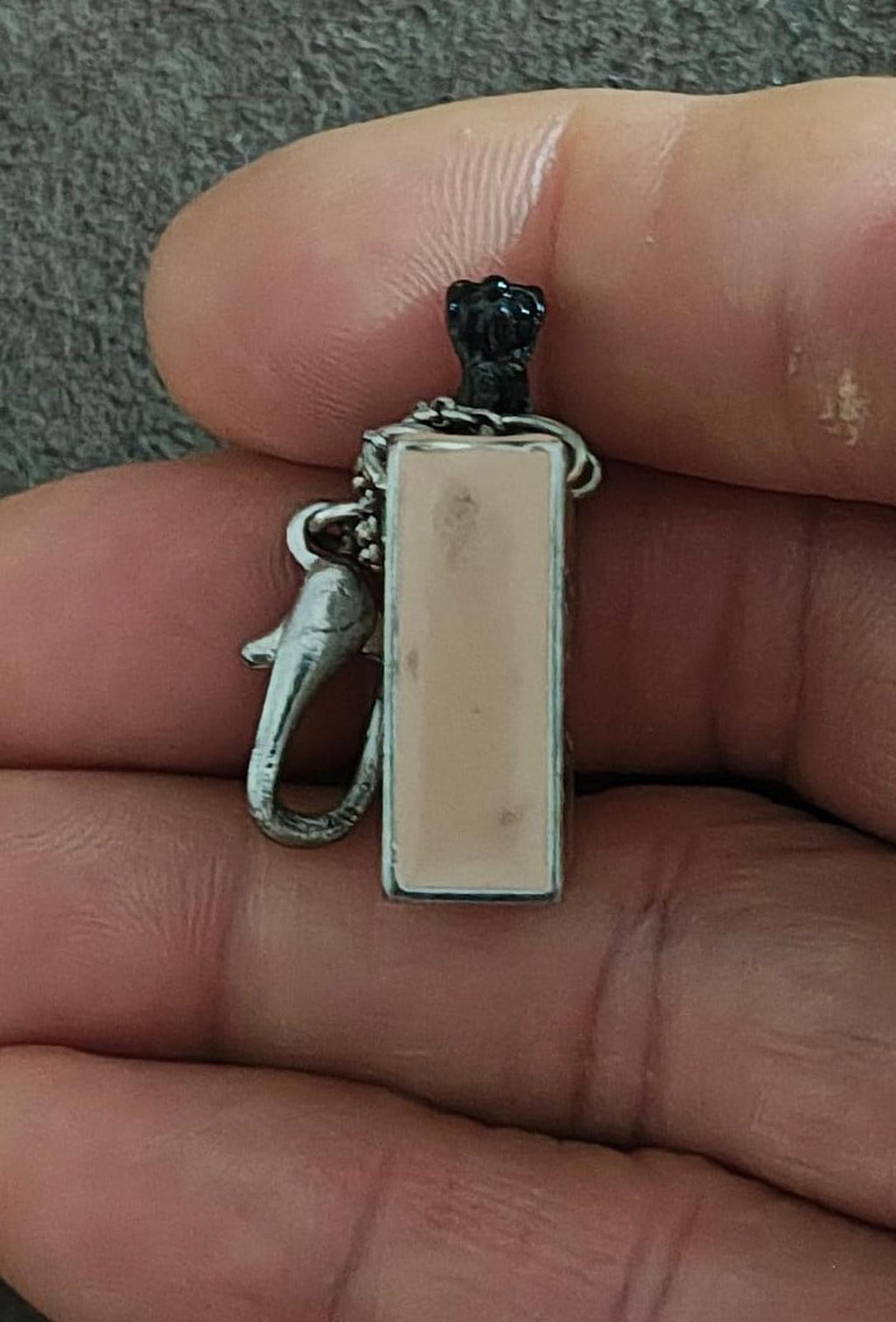 Juicy Couture bag charm metal rectangle tag with chain and small dog figure