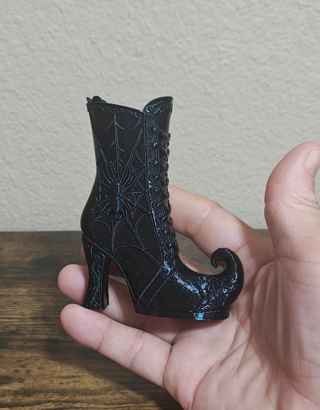 3D Printed Black Gothic Curled Toe Spider Web Witch Boot Small Vase/Holder