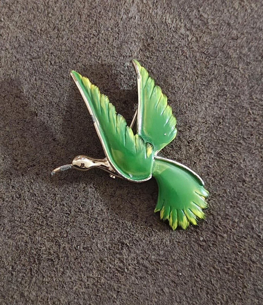 1980's Vintage Signed Gerry's Gold Tone Green Enamel Bird Brooch Pin