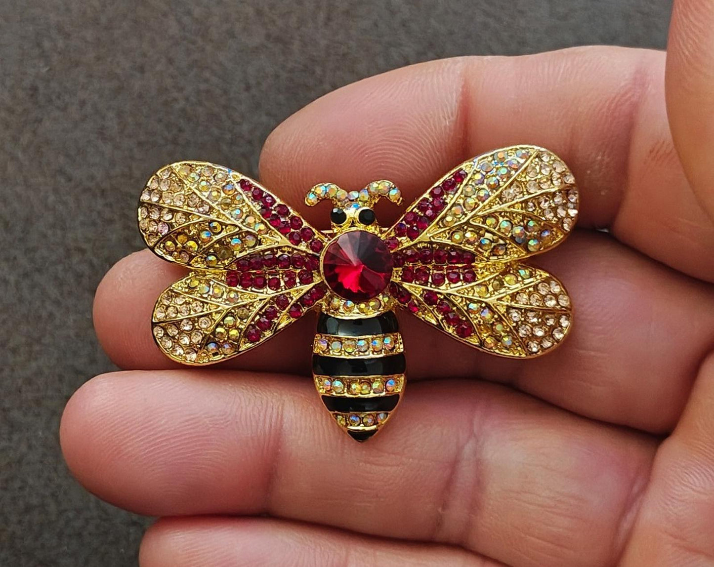 Vintage Bumblebee Style Gold Tone With Sparkling Iridescent and Red Rhinestones Brooch Pin