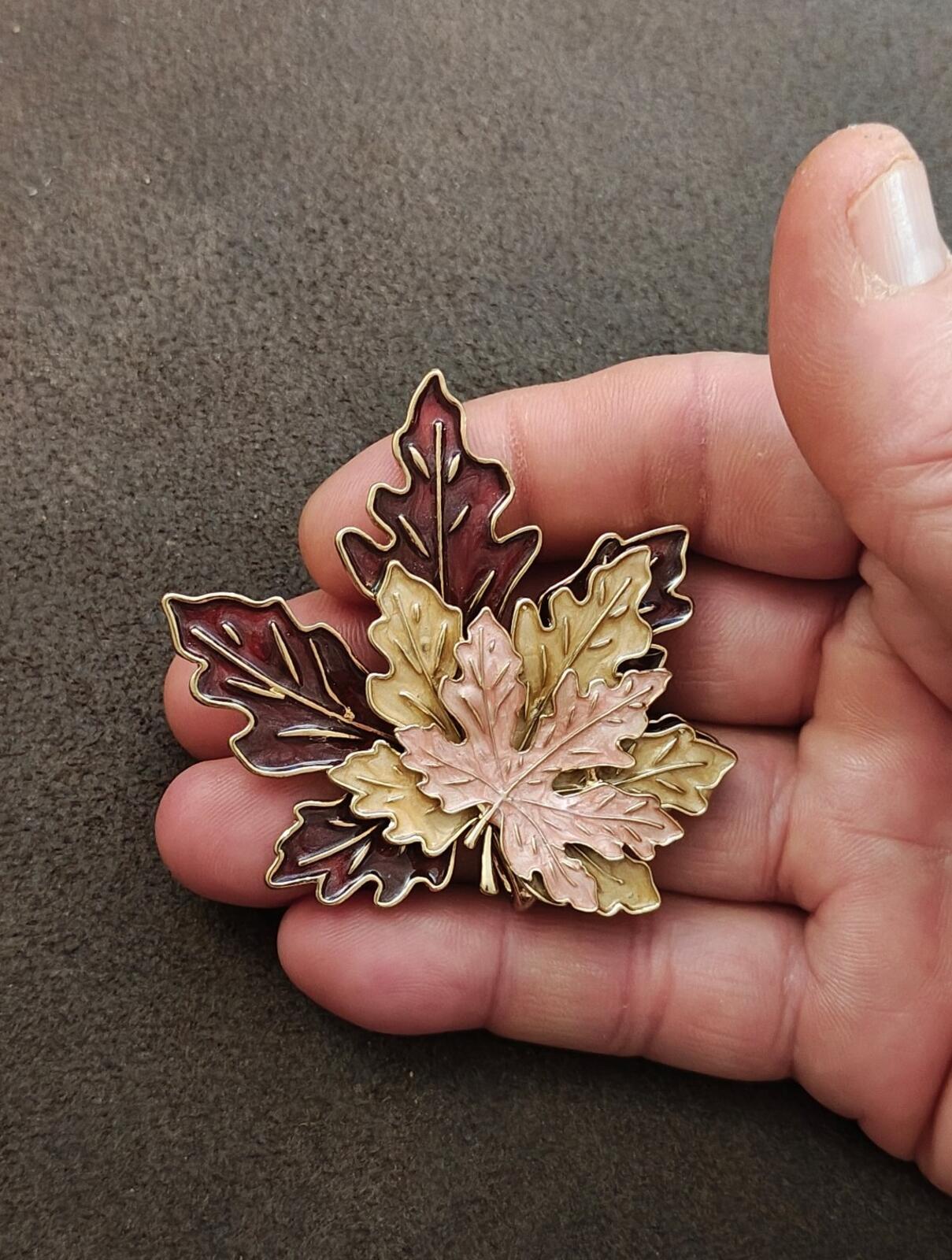 Tri Layered Gold Tone Multi Colored Handpainted Enamel Maple Leaf Brooch