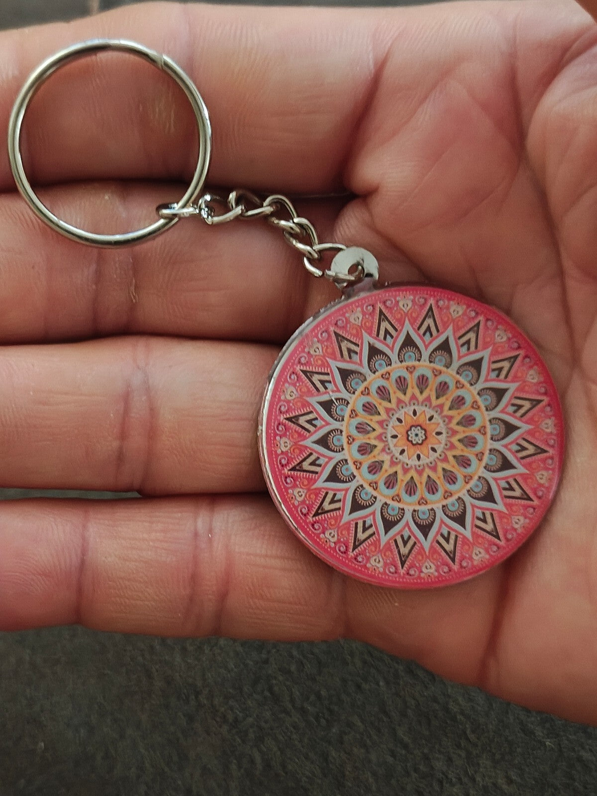 Silver Tone Pink Bohemian Mandala Art Keychain