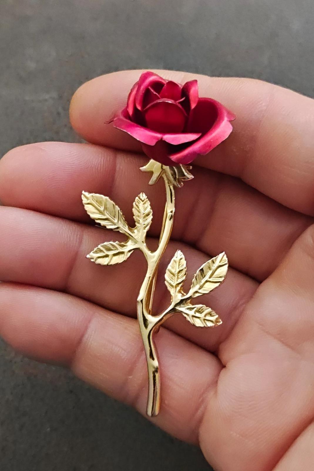 1980s Gold Tone Long Stem Textured Red Rose Brooch