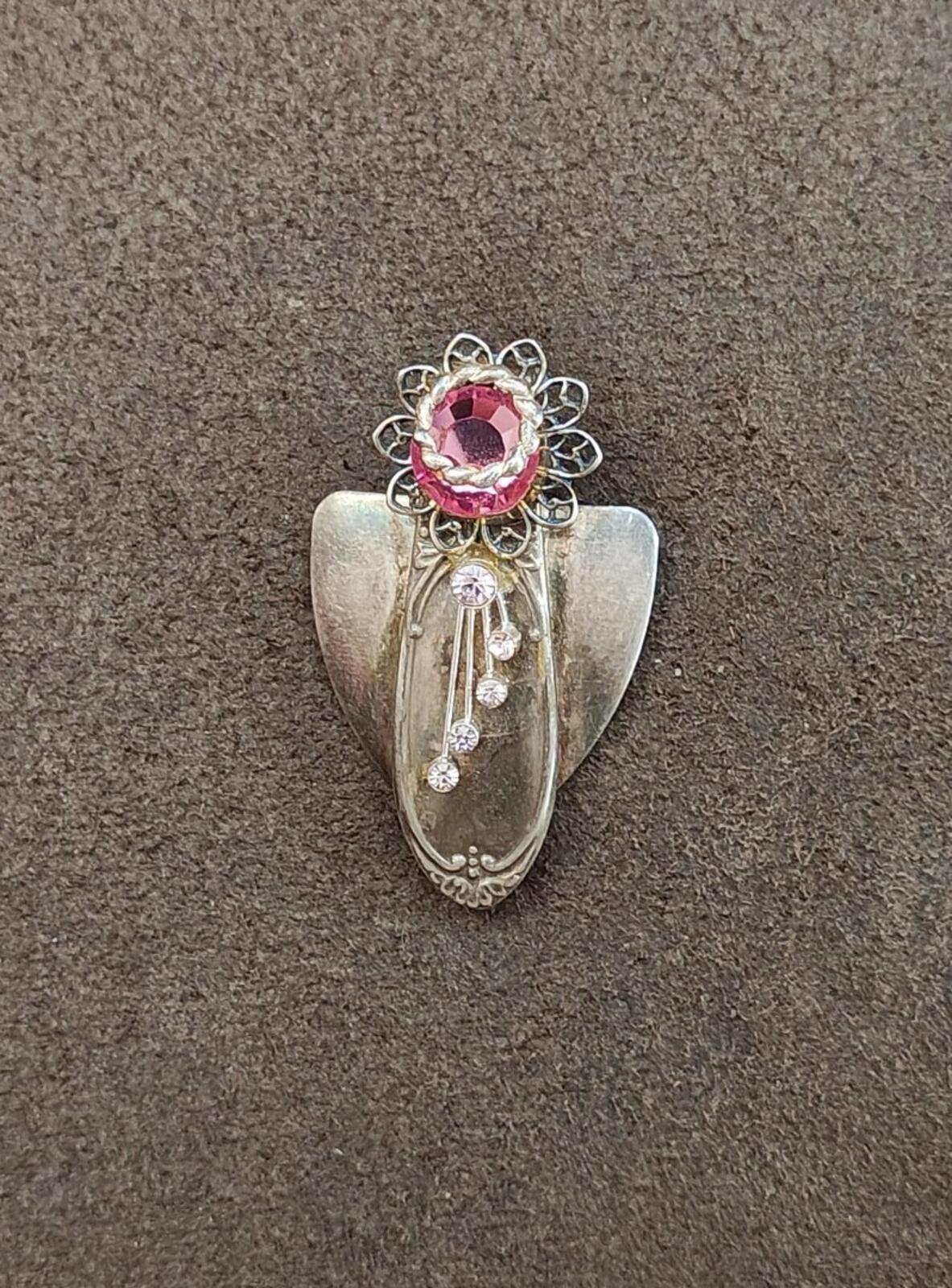 Unique Handcrafted Silver Tone Angel With Rhinestones Brooch