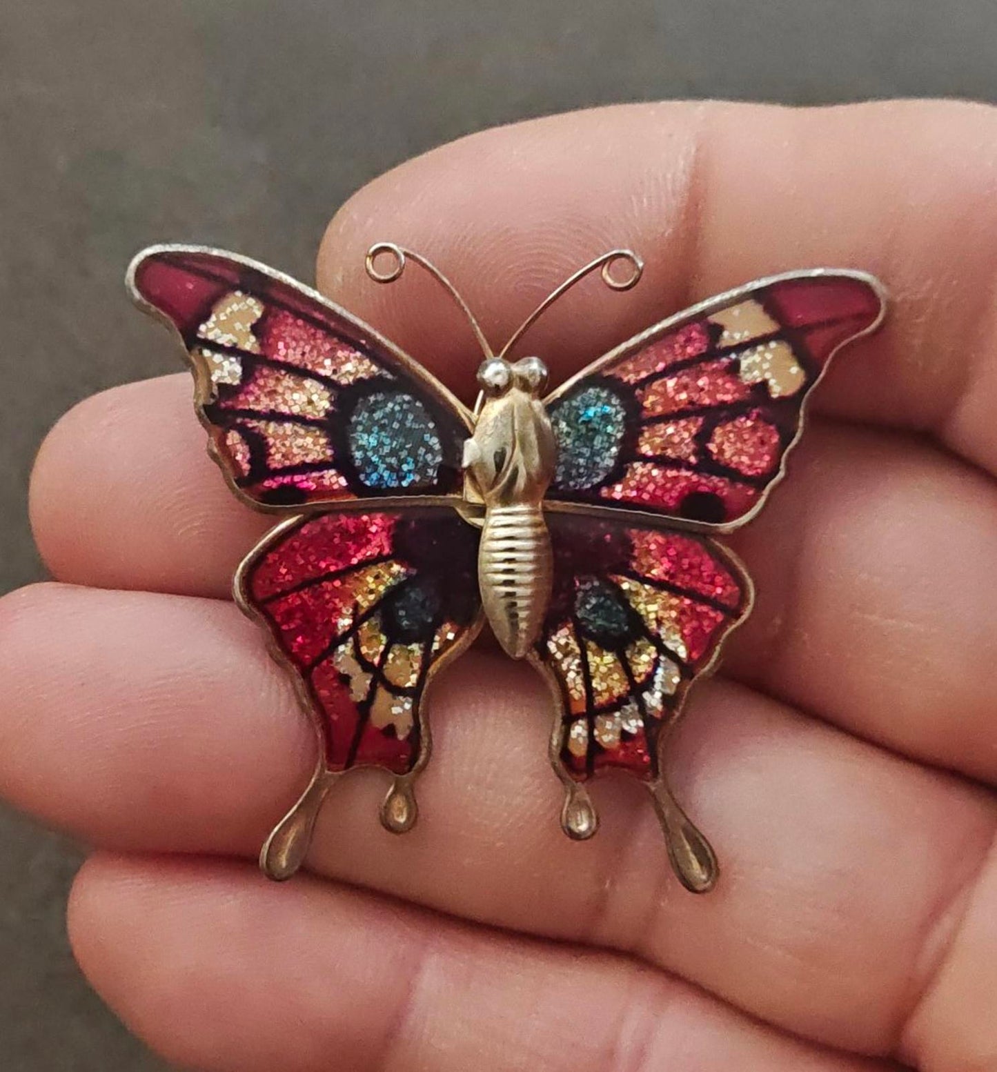 1970s Gold Tone Butterfly With Enamel & Glitter Accents Brooch