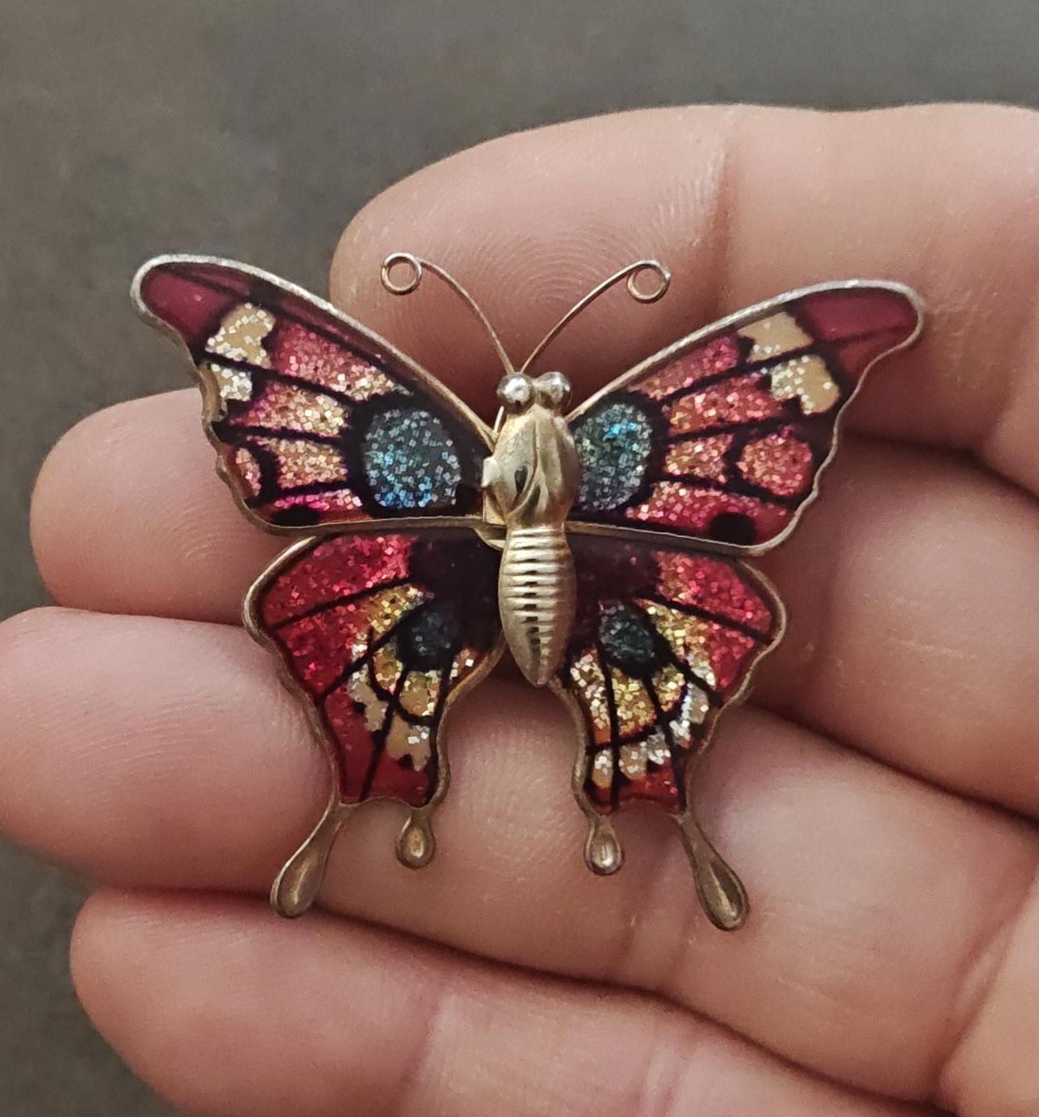 Butterfly brooch with red and multicolor enamel, glitter accents, gold-tone finish