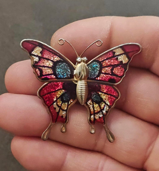 1970s Gold Tone Butterfly With Enamel & Glitter Accents Brooch