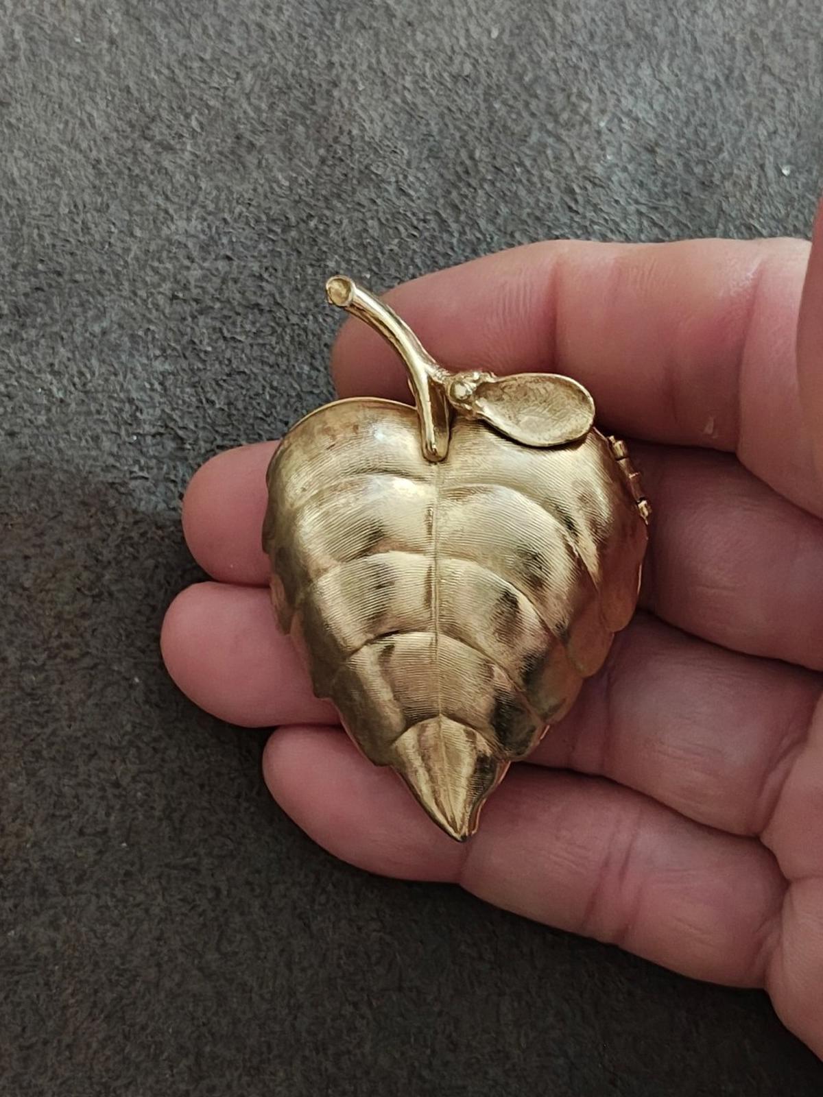 Gold tone leaf locket brooch viewed from the front, brushed texture and cut-out details