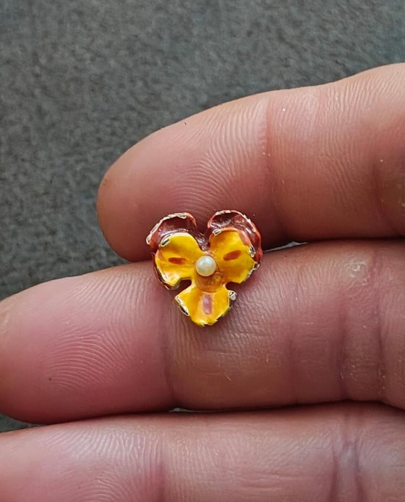 1990s Vintage Orange And Maroon Enamel Small Pansy Brooch With Faux Pearl