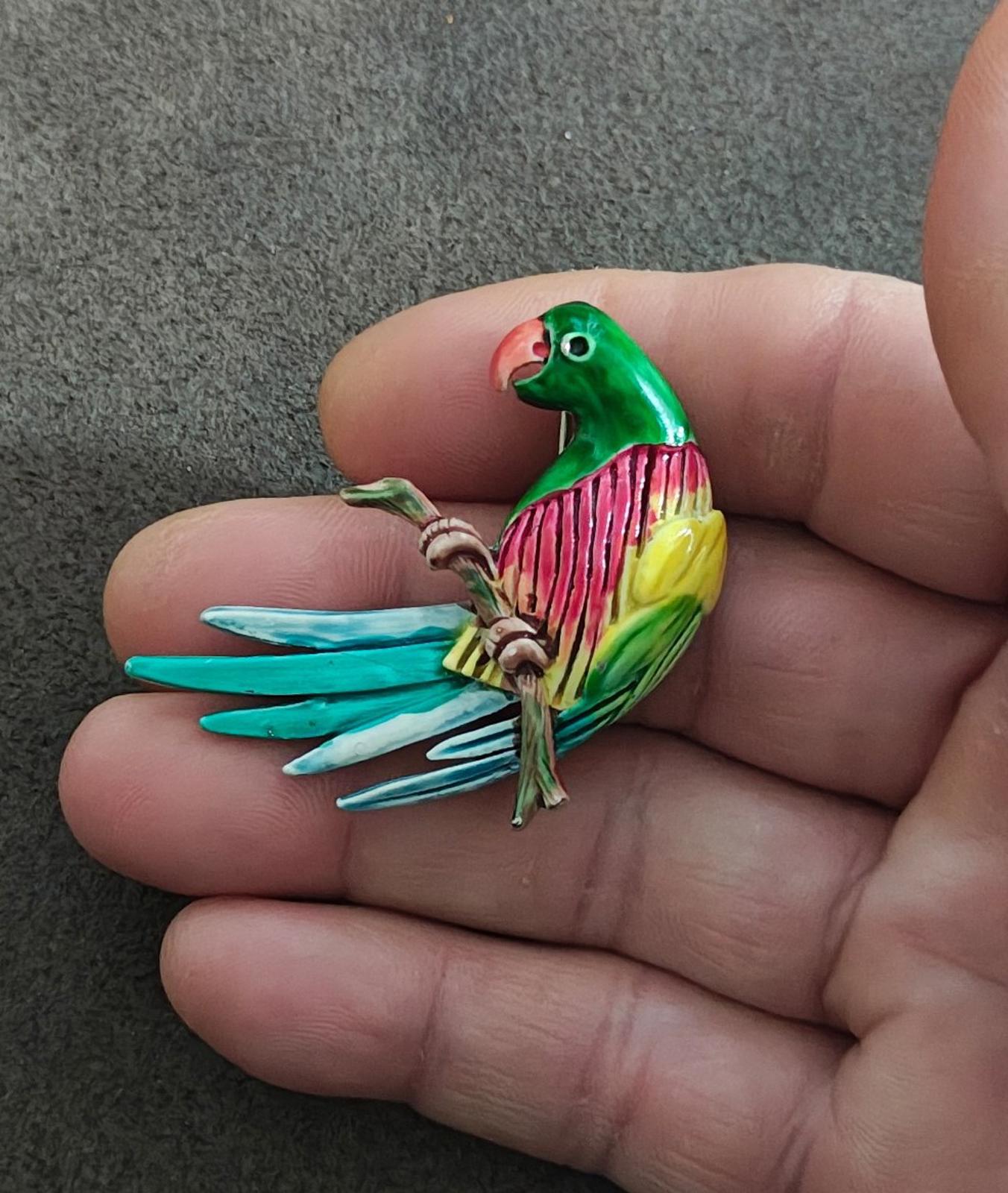 1980s Vintage Hand-Painted Enamel Parrot Sitting On Branch Silver Tone Brooch