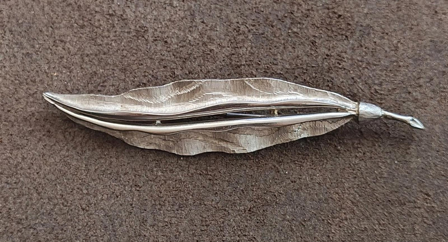 1970s Silver Tone Hand Forged Hammered Leaf Brooch