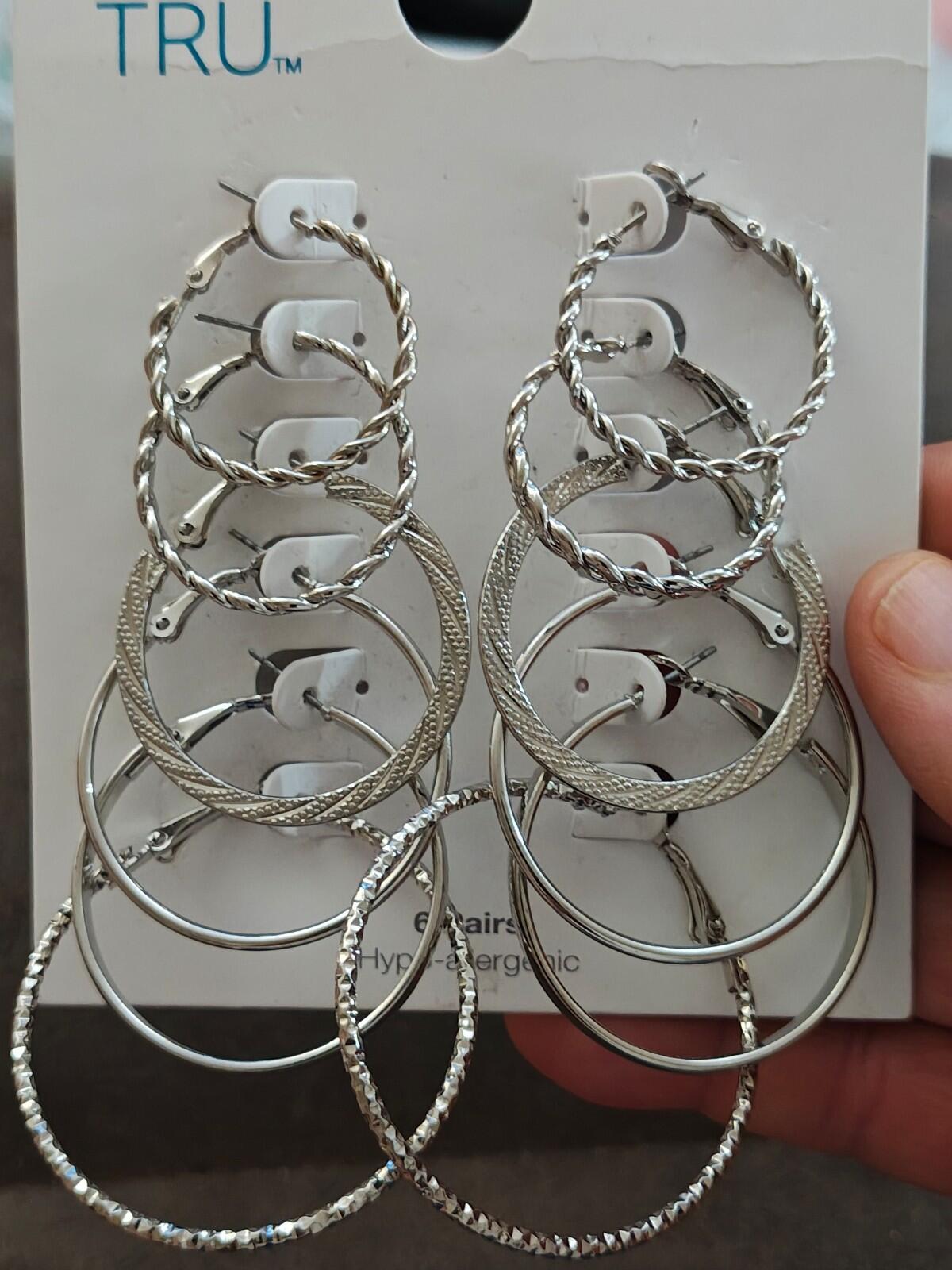 Time & Tru Women's Silver Tone Textured & Smooth Hoop Earring Set, 6-Piece New