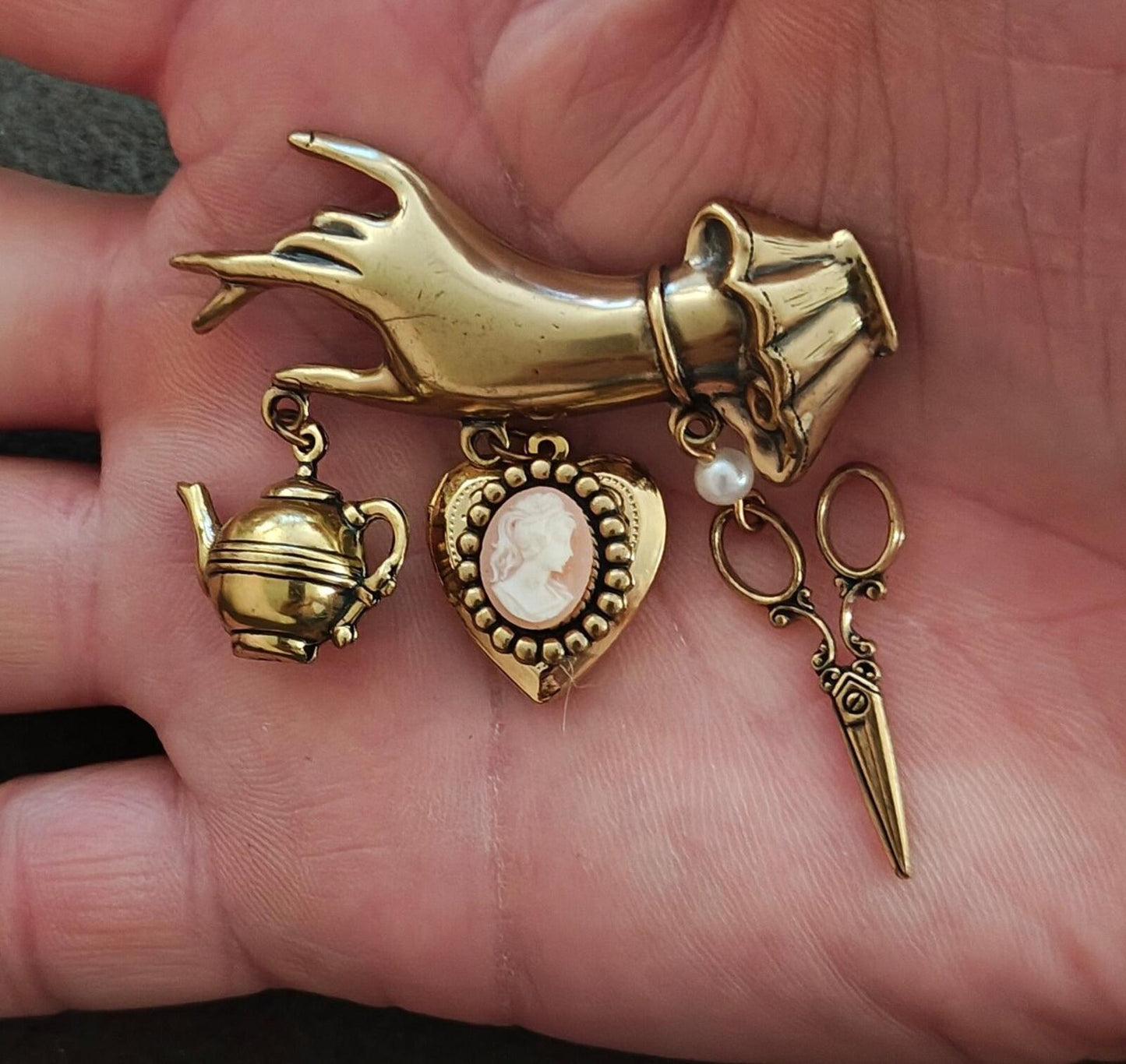 1980s/90s Victorian Style Chatelaine Inspired  Gold Tone Charm Dangle Brooch