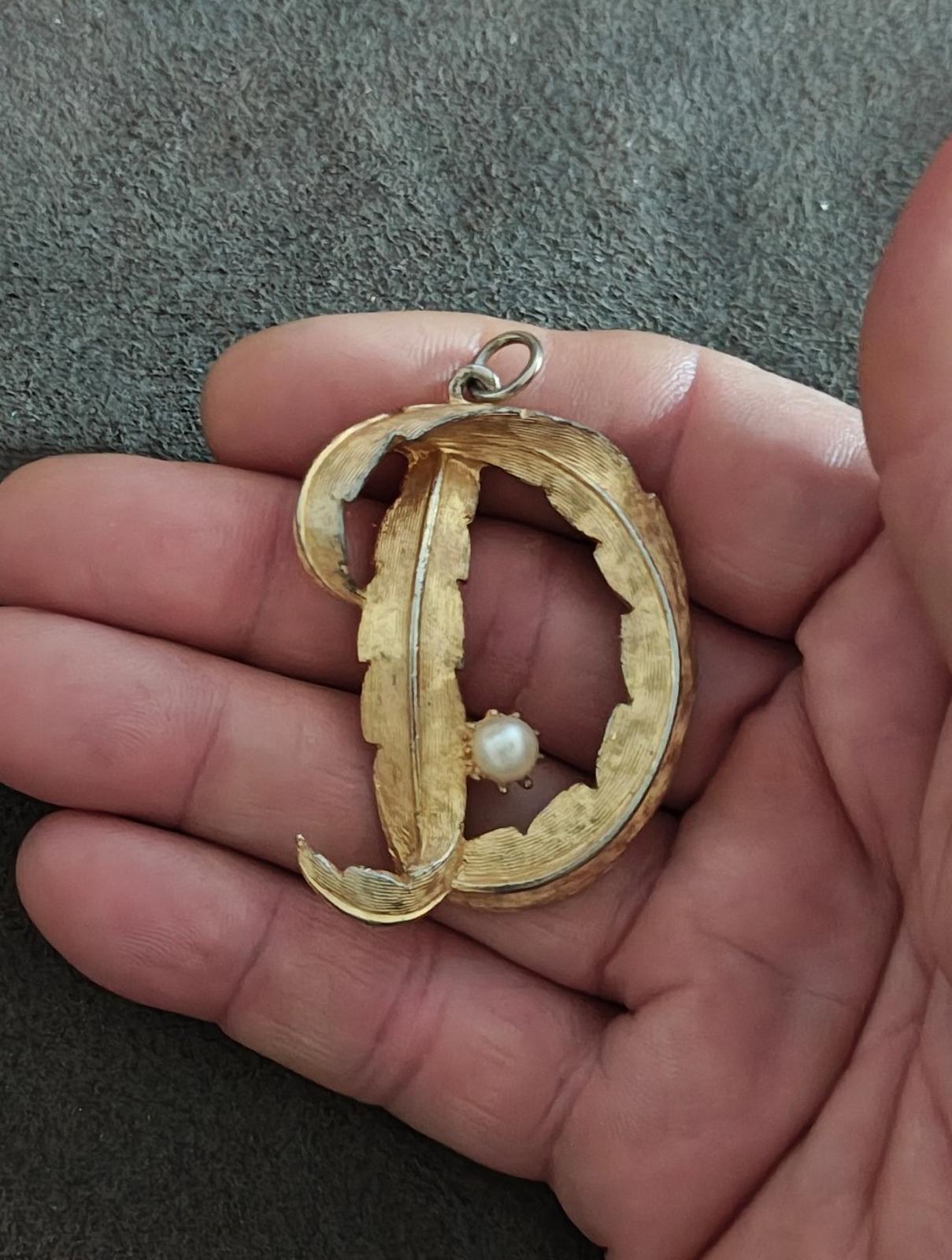 1980's Signed BSK Monogram Initial D With Pearl Gold Tone Pendant