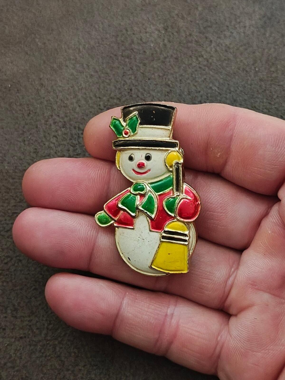 1970s Christmas Snowman Plastic & Painted Enamel Brooch