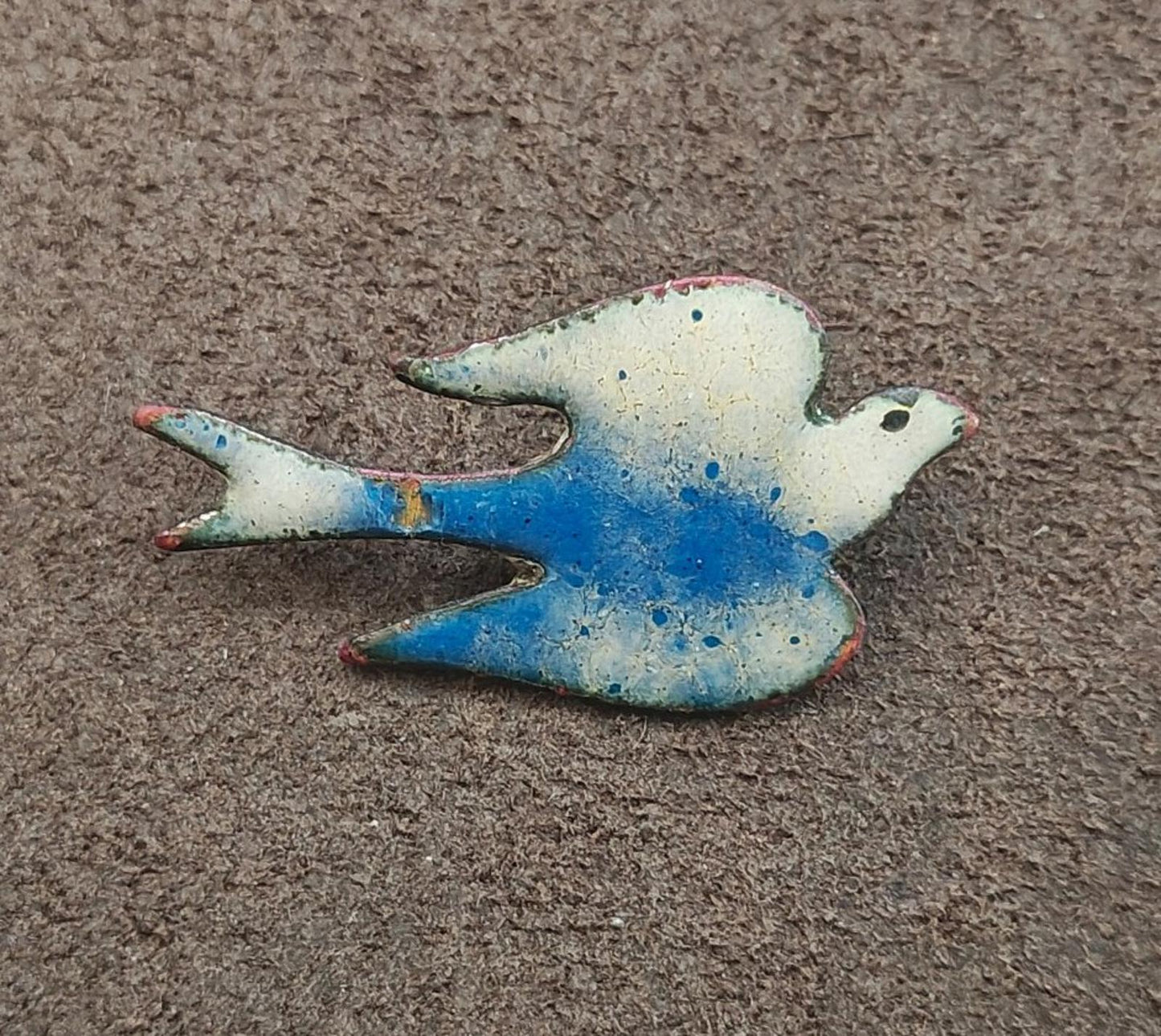 1970s Blue and White Enamel on Copper Decorative Bird Brooch