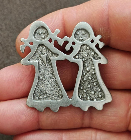 1990s Cynthia Webb "Kindred Spirits" Two Girls Holding Hands Pewter Pin