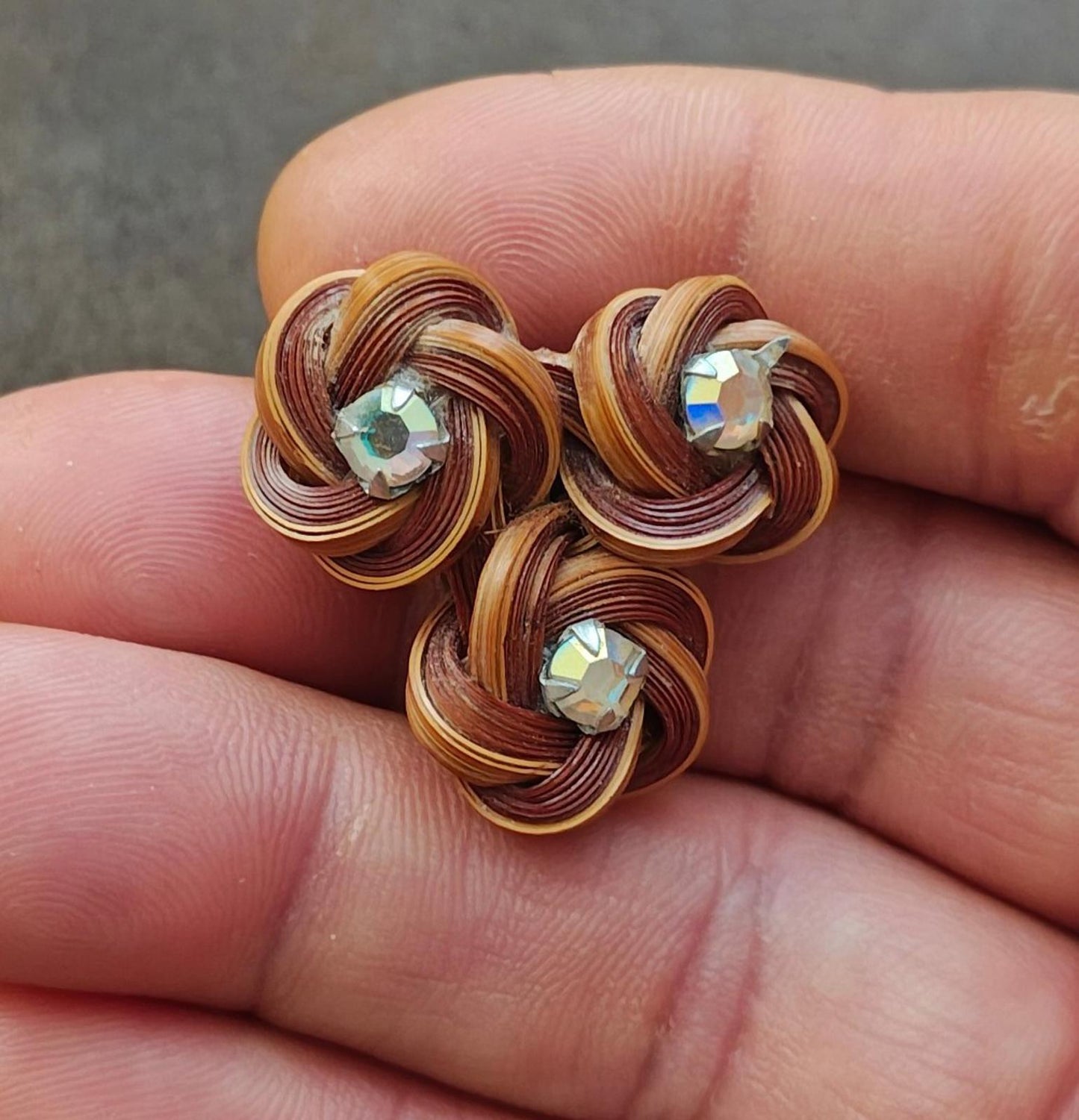 1980s Vintage Handmade Bamboo Craft Three Flowers With Rhinestones Pin Brooch.