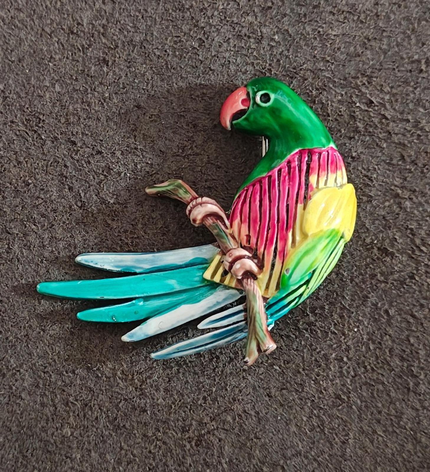 1980s Vintage Hand-Painted Enamel Parrot Sitting On Branch Silver Tone Brooch
