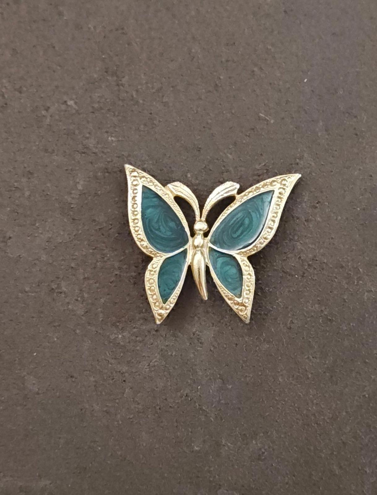 1980s Gold Tone With Green Enamel Textured Butterfly Brooch