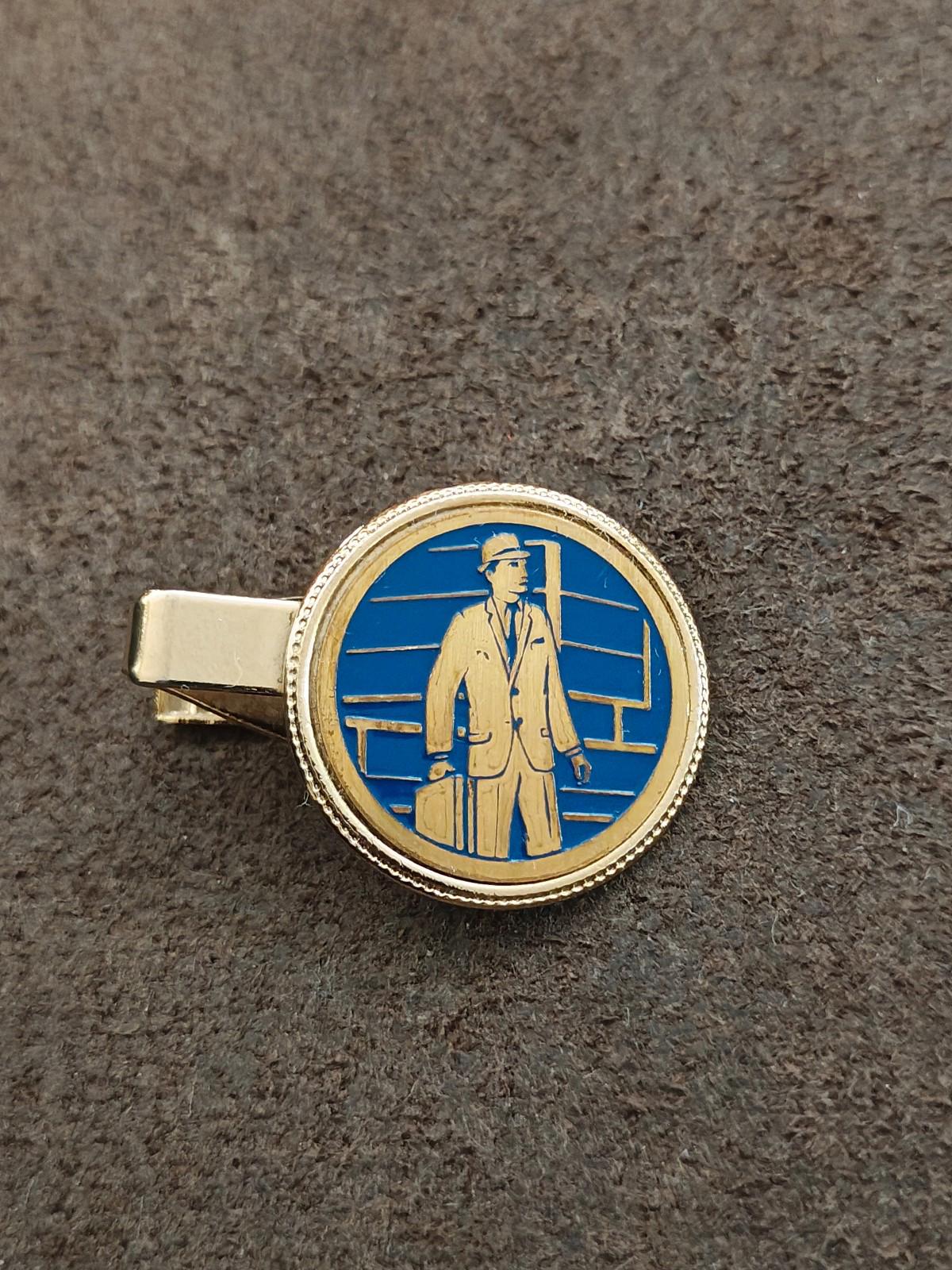 1950s/60s Rare Gold Tone Blue Enamel Man In a Suit Holding a Suitcase Tie Clip