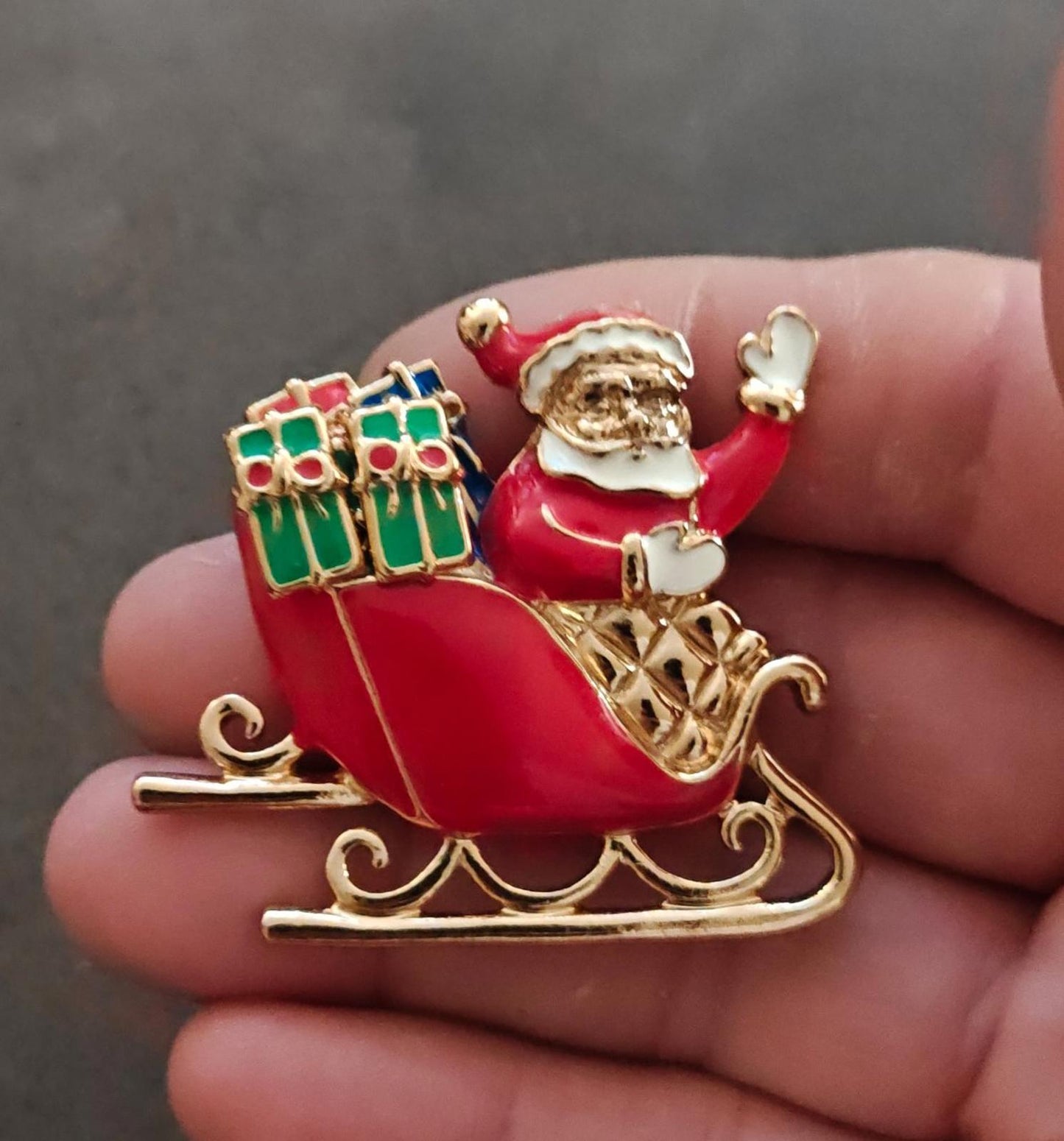 1970s Avon Santa Sleigh Ride Surprise Gold Tone Enamel Brooch and Earring Set