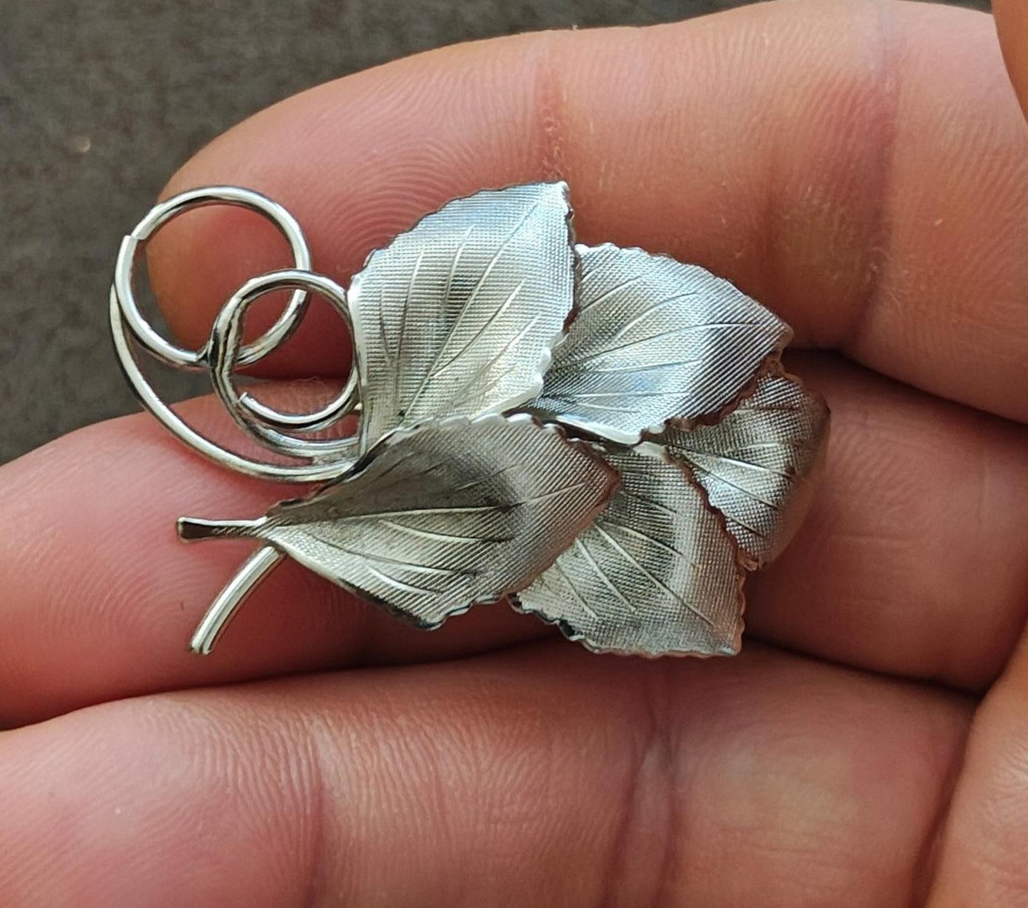 1960s Polished Finish Silver Tone Bunch of Leaves Textured Brooch