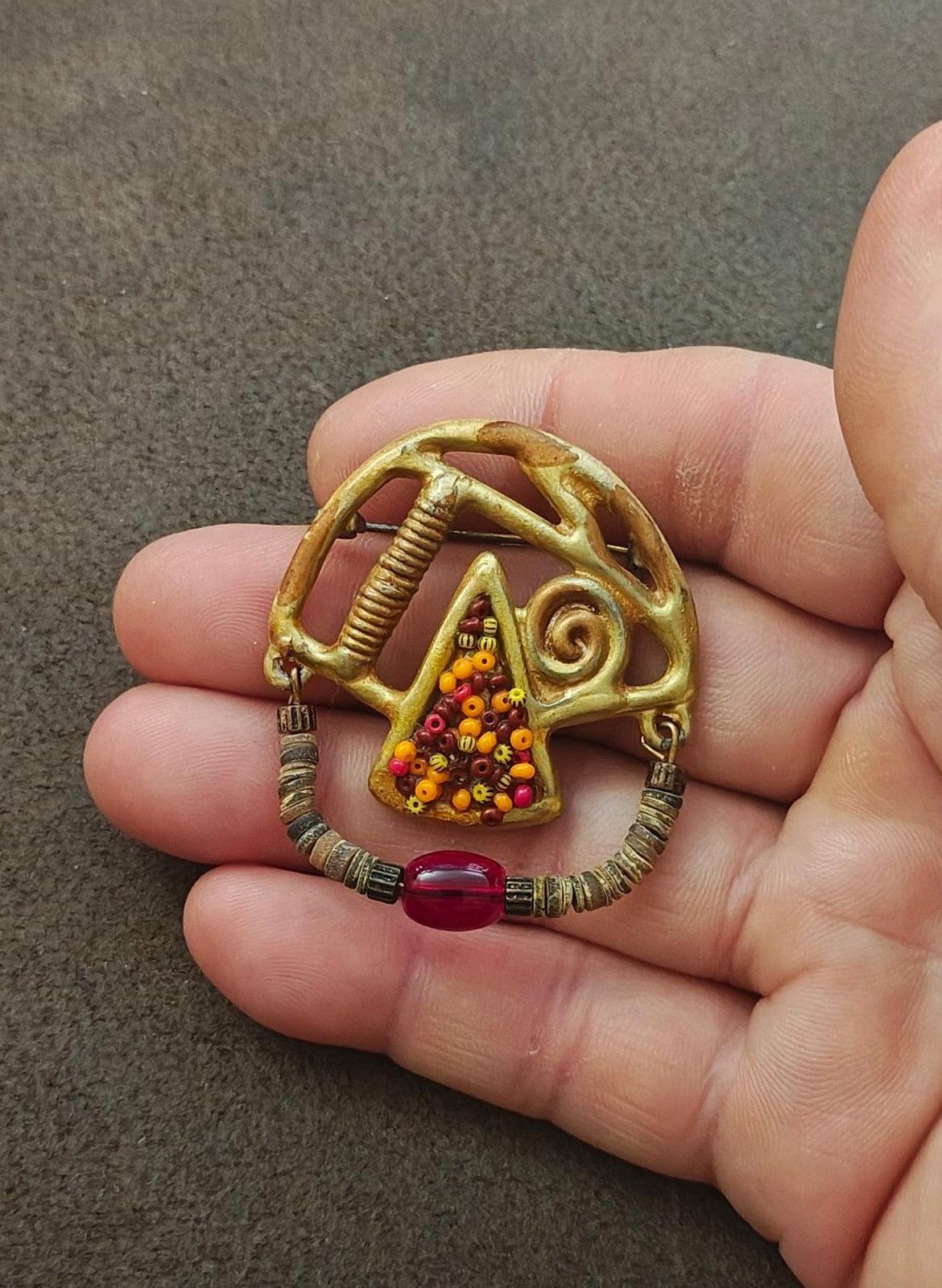 Articulated Abstract Modernist With Heishi Beads & Colorful Stones Brooch