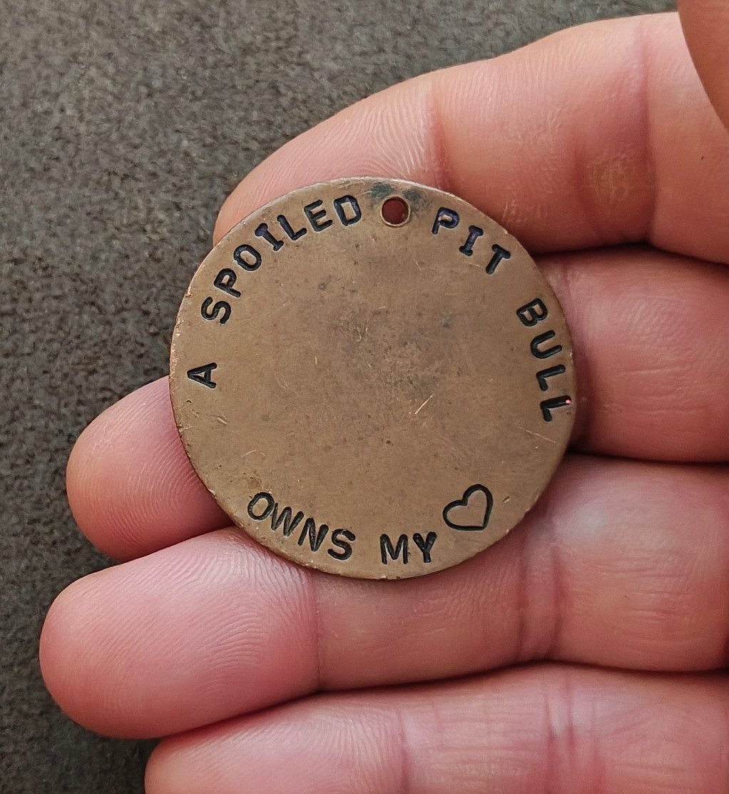 Hand Stamped "A Spoiled Pit Bull Owns My" Custom Copper Pet ID
