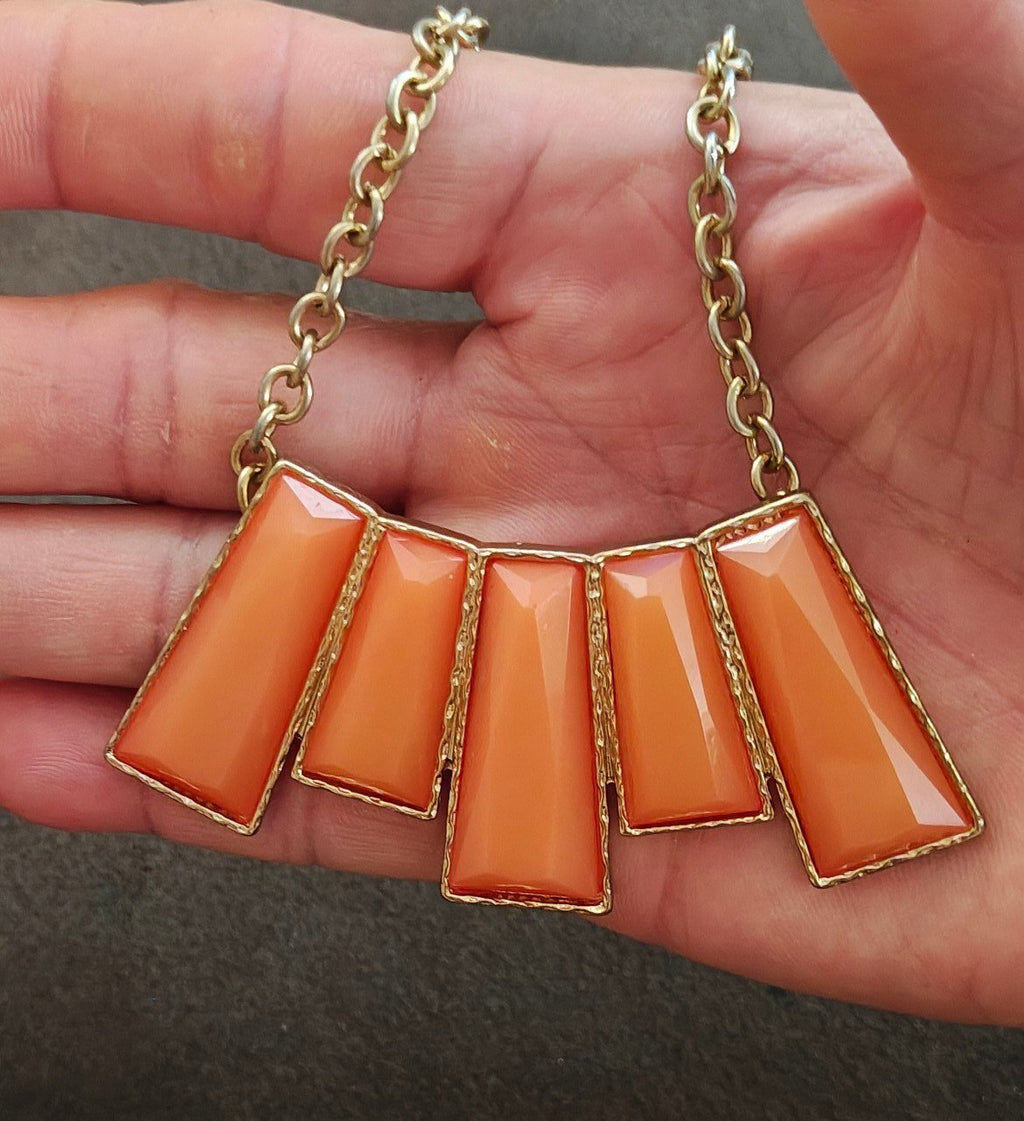 Orange Resin Geometric Bib Statement Necklace.
