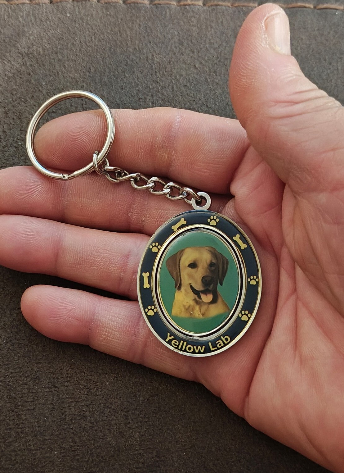 E&S Pets Double-Sided Spinning Yellow Lab Dog Breed Silver Tone Keychain.