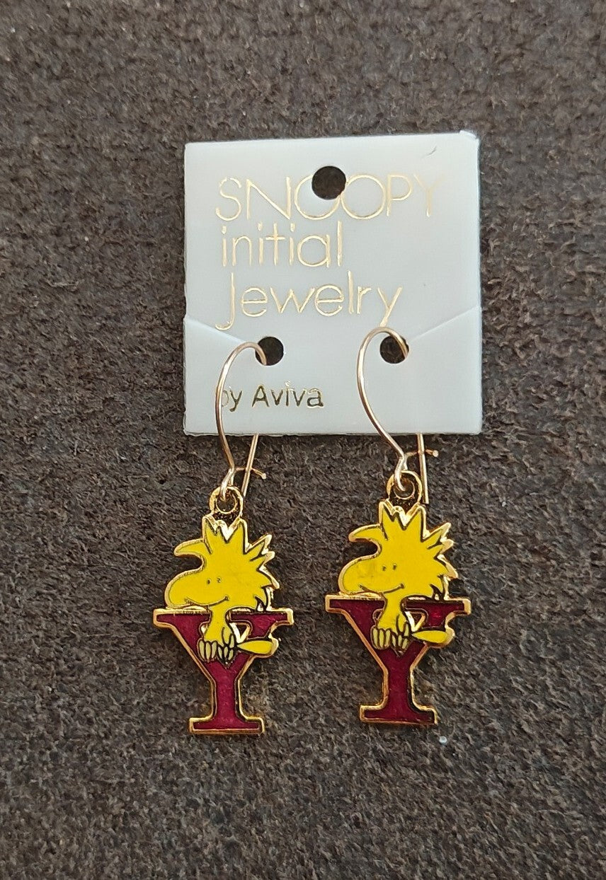 70s Peanuts Woodstock Initial "Y" Gold Tone Cloisonné Enamel Dangle Earrings New