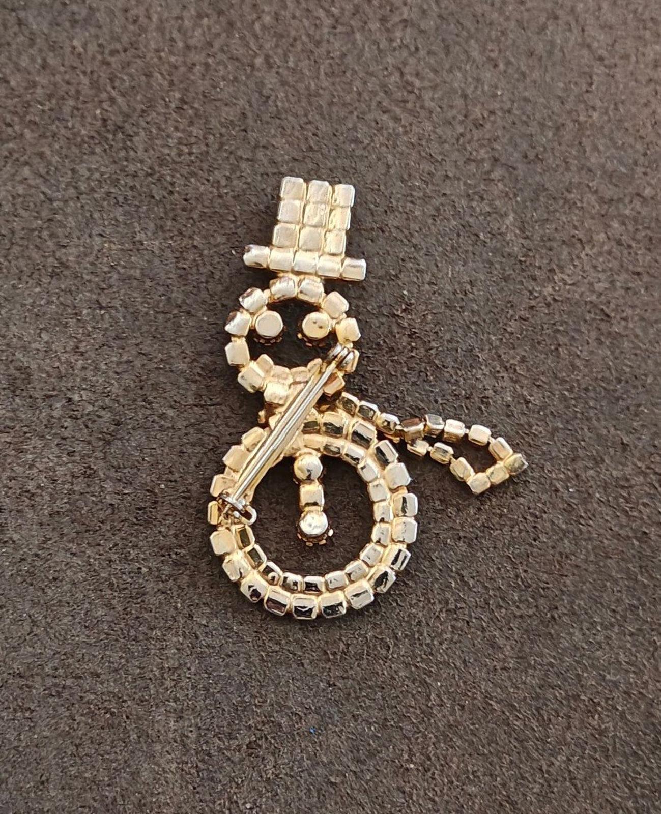 1990s Gold Tone With Red, Black and Clear Rhinestones Snowman Brooch