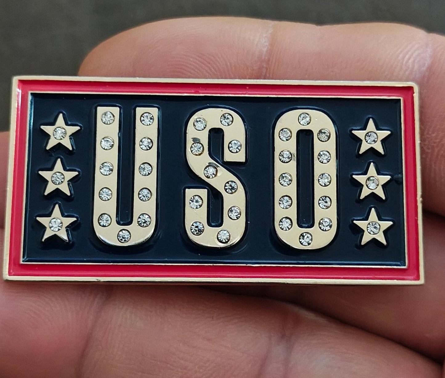 USO Gold Tone With Clear Rhinestones Red & Blue Enamel Pin
