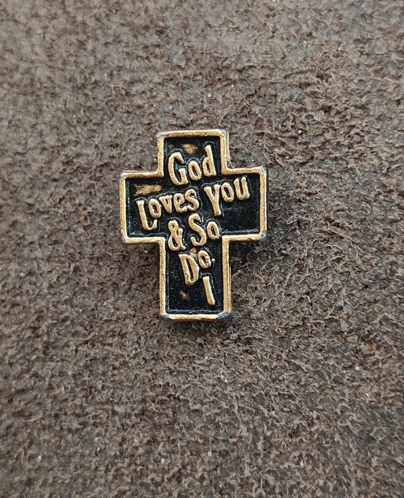 1970s/80s "God Loves You & So Do I" Christian Cross Gold Tone Black Enamel Pin