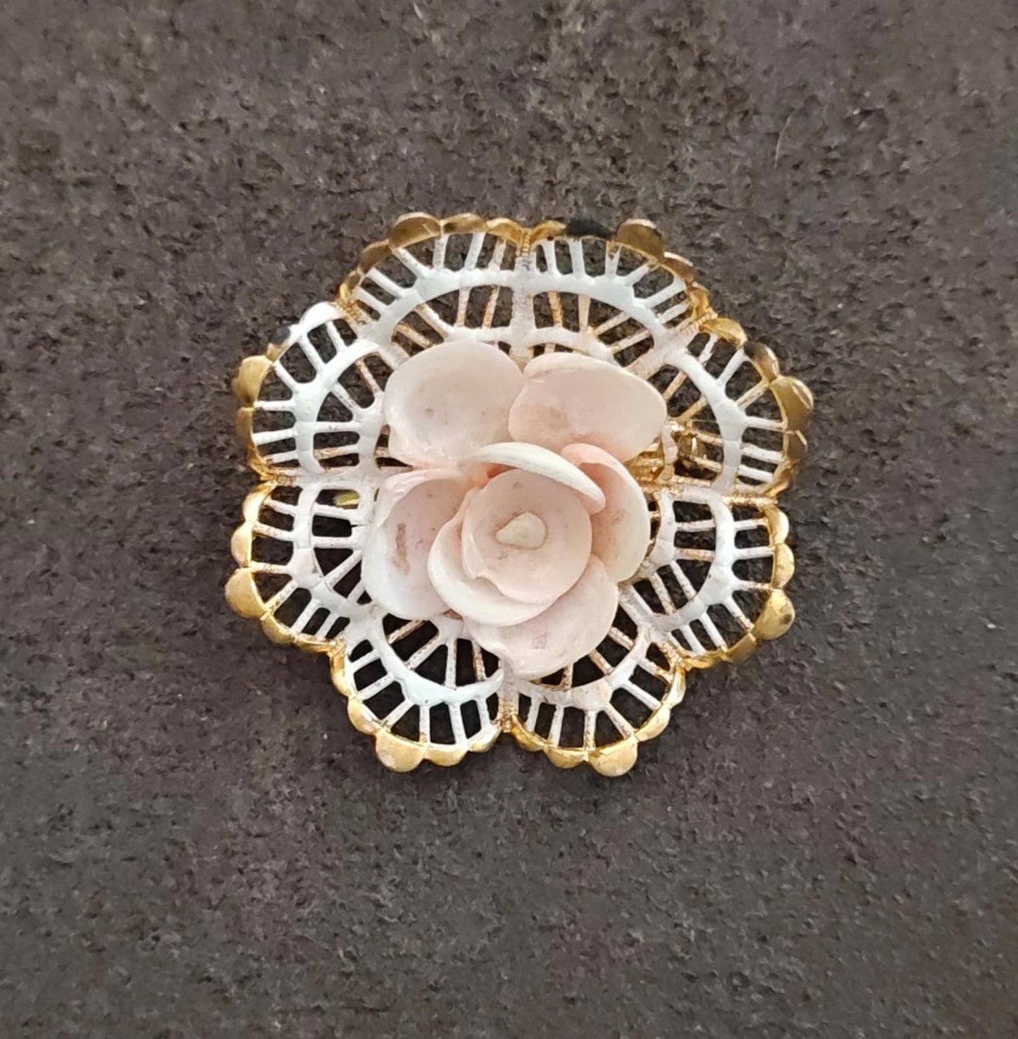1960s Gold Tone Filigree Pink Rose Brooch