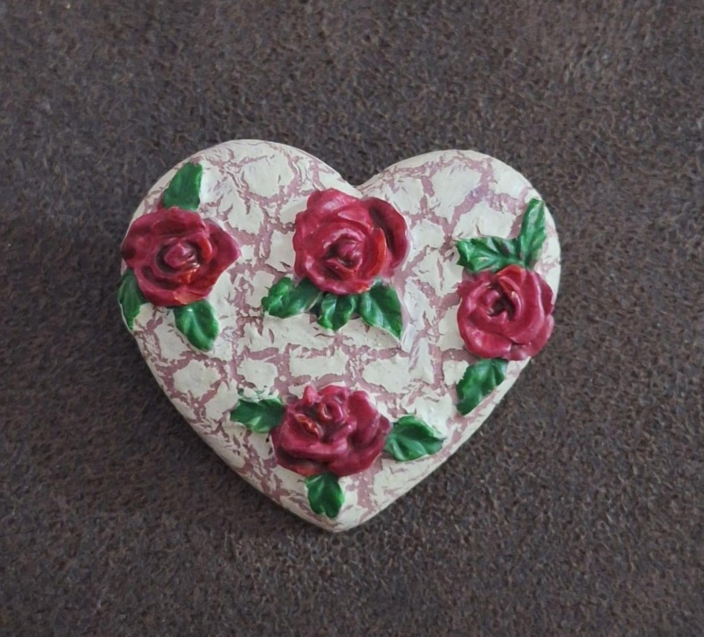 1980s Crackled White Heart Red Roses Resin Pin