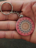 Silver Tone Pink Bohemian Mandala Art Keychain