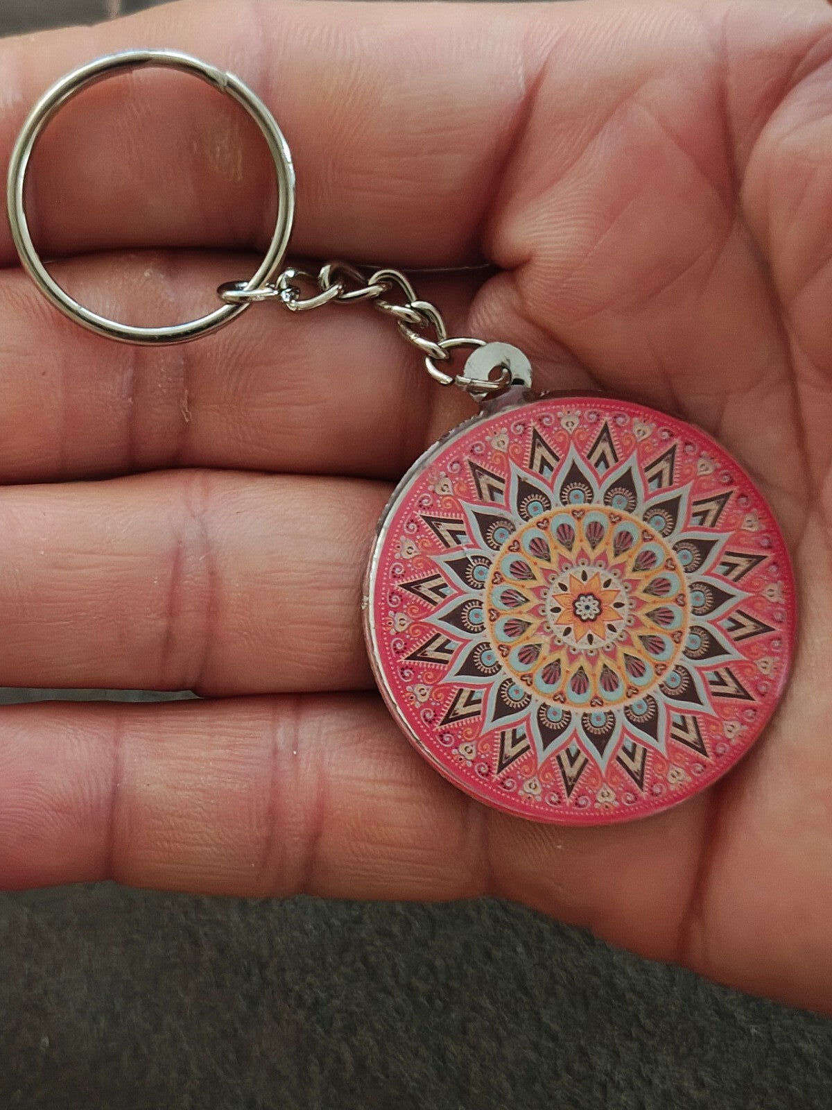 Silver Tone Pink Bohemian Mandala Art Keychain