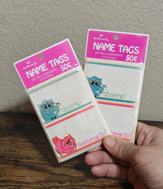 1980s Set of 2 Hallmark Cheers and Bottoms Up Owl Name tags