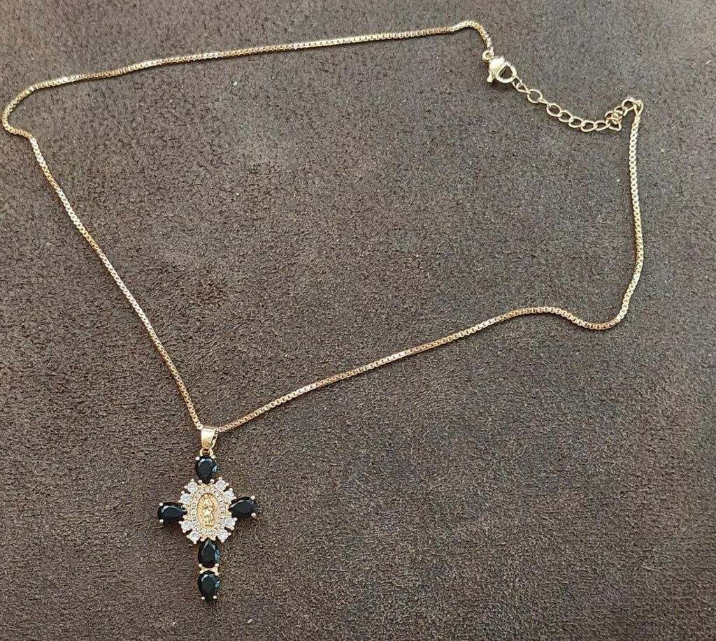 Gold Tone Virgin Mary Cross Pendant Necklace With CZ Stones & Black Stones