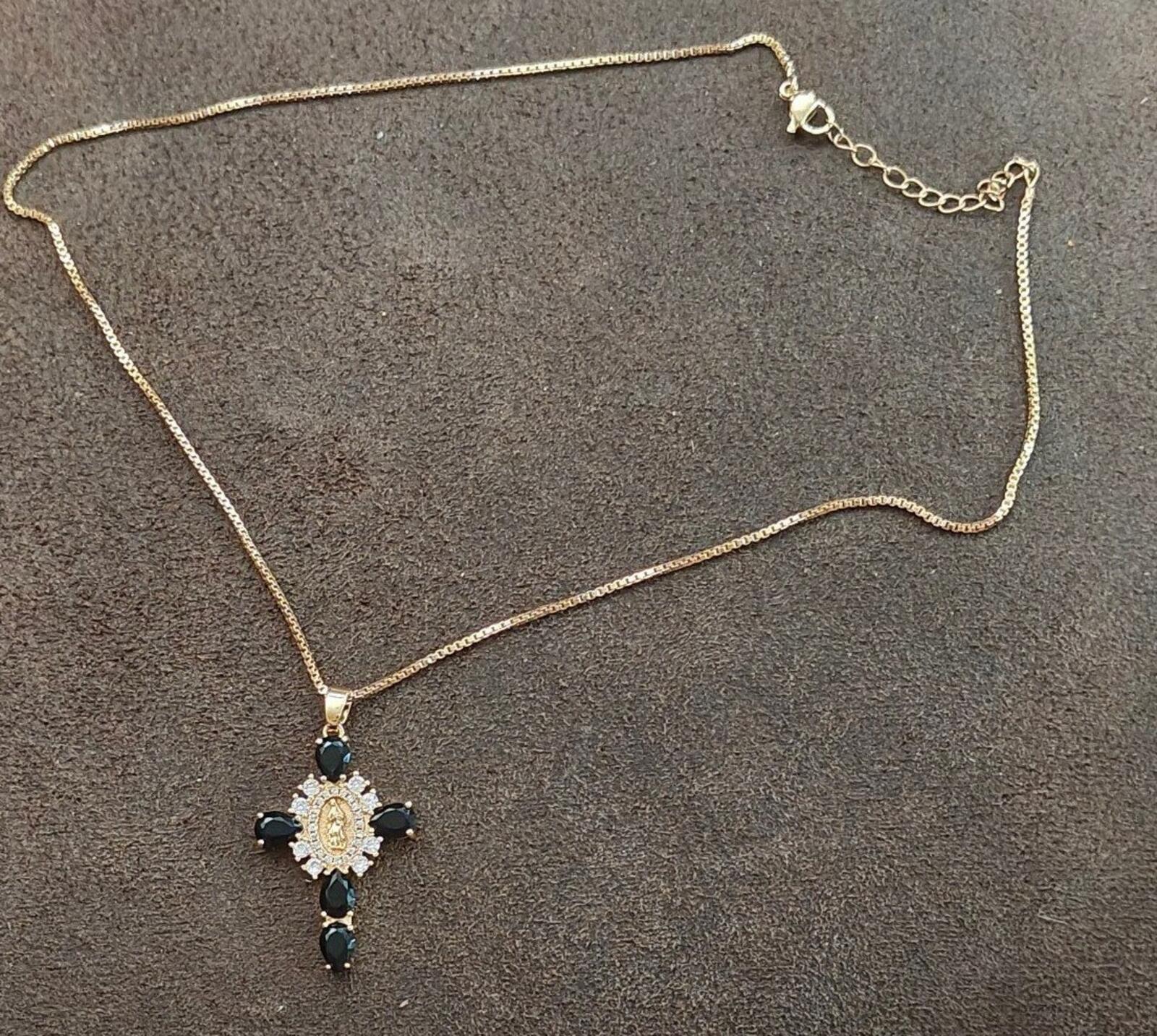 Gold Tone Virgin Mary Cross Pendant Necklace With CZ Stones & Black Stones