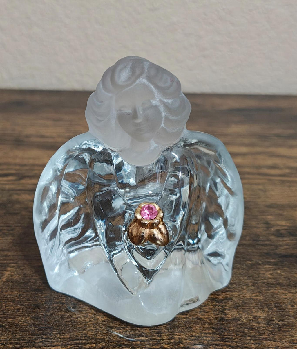 Clear glass guardian angel figurine, front view with pink gemstone heart detail