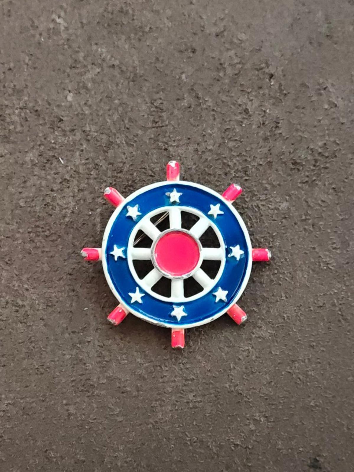 1950s R.N.K. Nautical Red, White and Blue Ship's Wheel Metal Enamel Brooch
