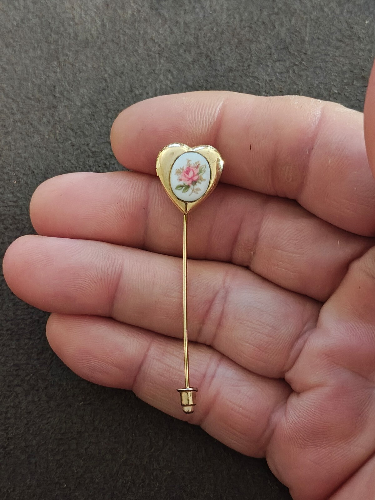 1970s/80s Gold Tone Victorian Revival Style Heart Shaped Floral Locket Stick Pin