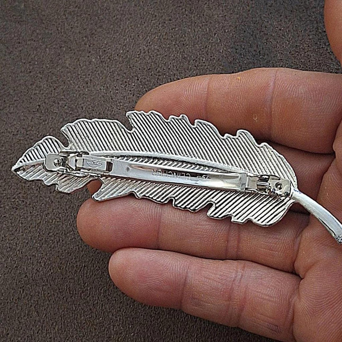 1980s Silver Tone Feather Leaf Hair Barrette Hair Clip