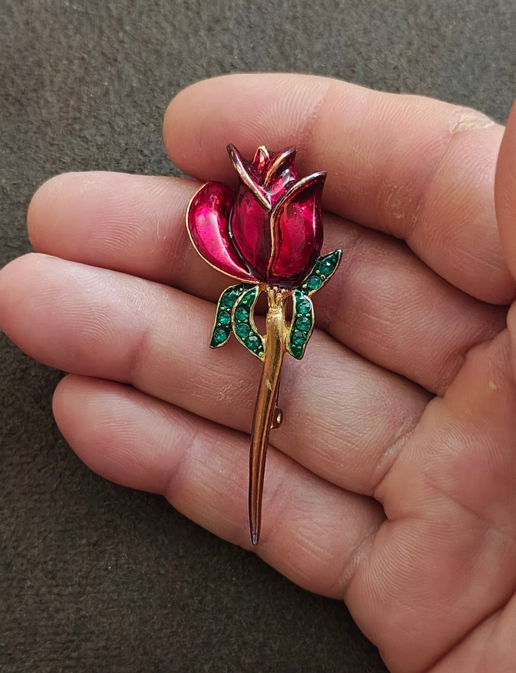 1980s Gold Tone Red Rose Brooch With Green Rhinestones Brooch Pin