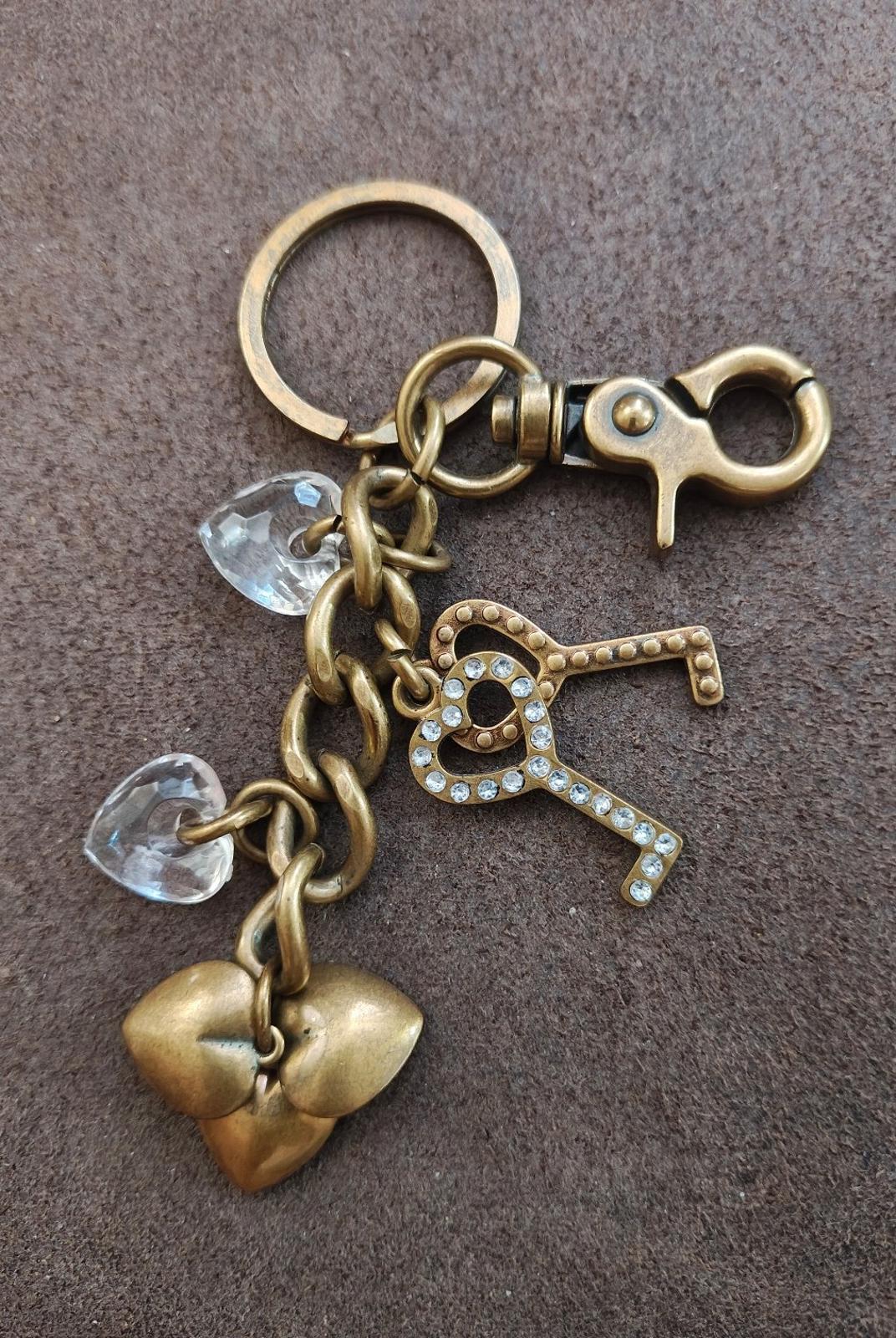 Vintage Inspired Brass Finish Keychain with Heart and Key Charms